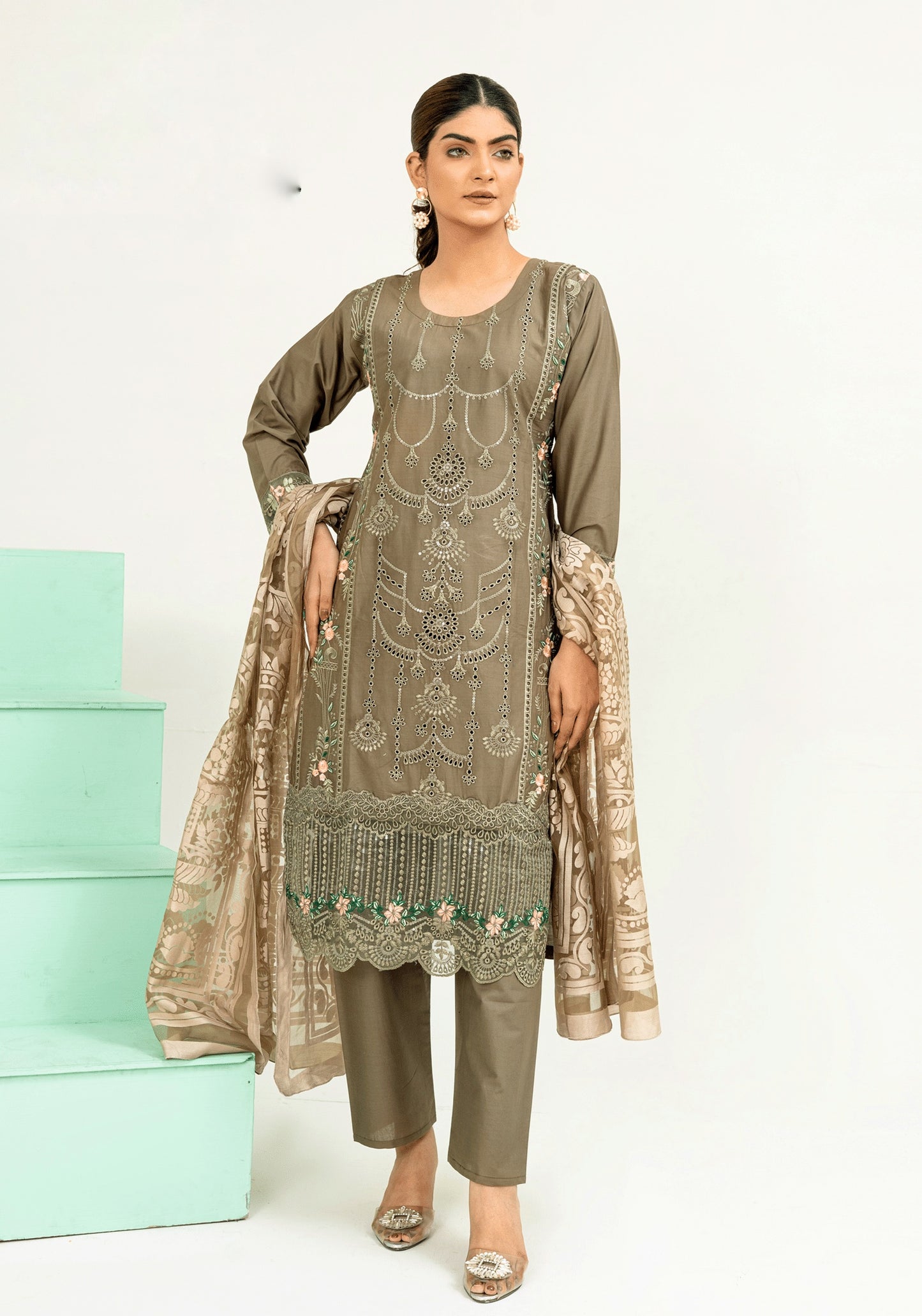 Dark Olive Green | Chikankari Embroidered Lawn 3Pc dress - Rangz