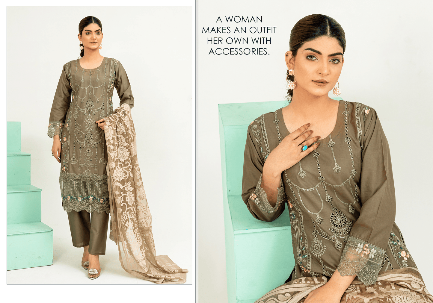 Dark Olive Green | Chikankari Embroidered Lawn 3Pc dress - Rangz