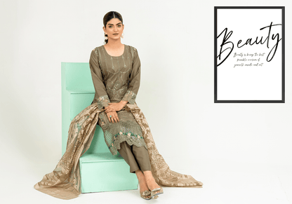 Dark Olive Green | Chikankari Embroidered Lawn 3Pc dress - Rangz