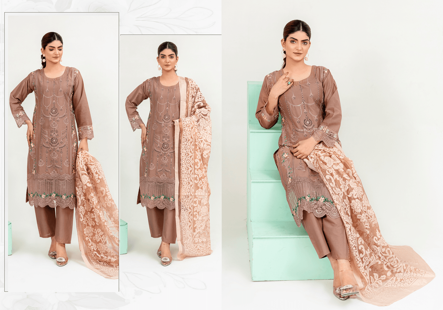 Chestnut Brown | Chikankari Embroidered Lawn 3Pc dress - Rangz