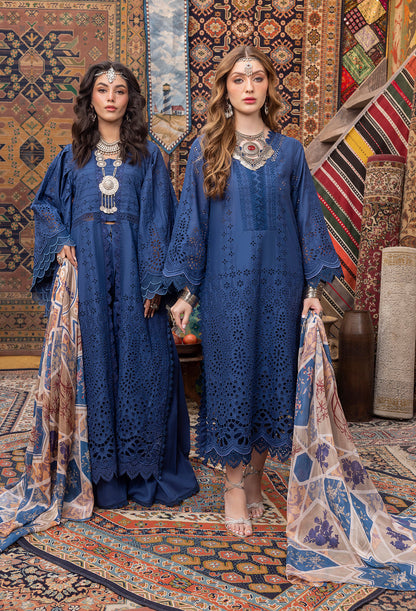 (Blue) Chikenkari Lawn Ready to Wear 3 Pc Dress-Adan's Libas