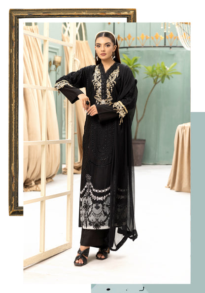 (Black) Embroidered Linen with Chiffon Duppatta - Simrans