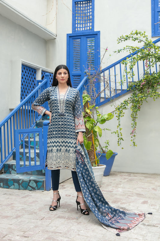 3 Piece Embroidered Digital Printed Lawn Dress-Tawakkal