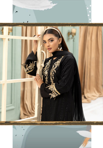 (Black) Embroidered Linen with Chiffon Duppatta - Simrans