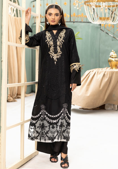 (Black) Embroidered Linen with Chiffon Duppatta - Simrans