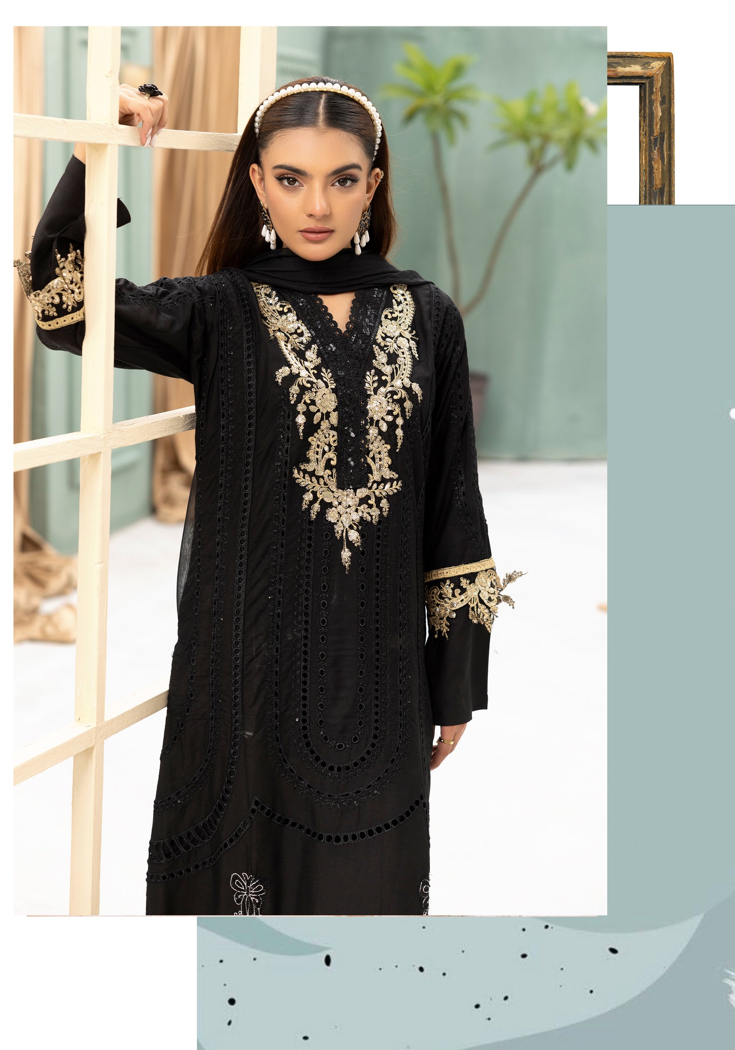 (Black) Embroidered Linen with Chiffon Duppatta - Simrans