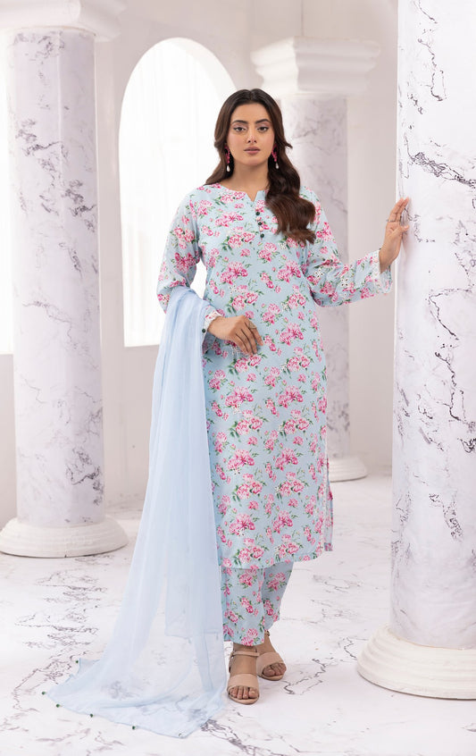 Light Blue Chikankari Floral Printed Lawn 3 Pc - Simrans