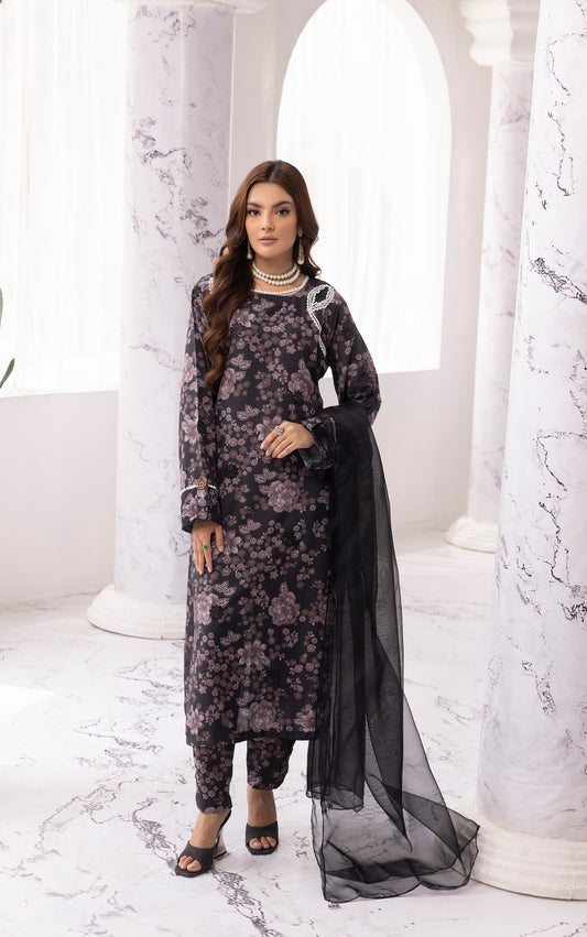 Black Chikankari Floral Printed Lawn 3 Pc - Simrans