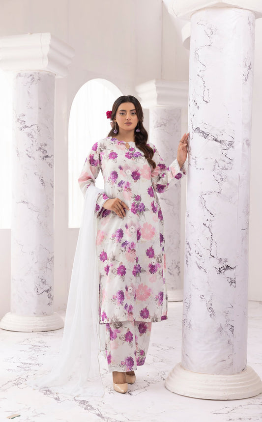 Multi Chikankari Floral Printed Lawn 3 Pc - Simrans