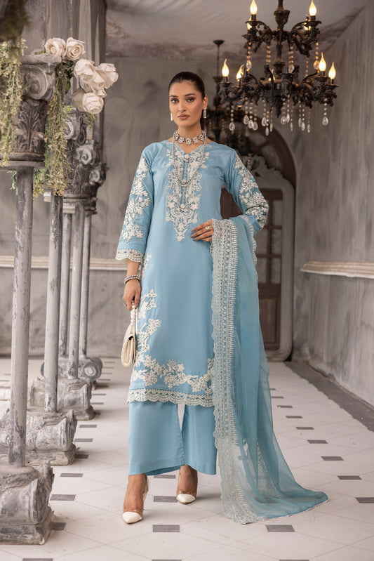 (Ice Blue) 3 piece embroidered cambric cotton dress-Simrans