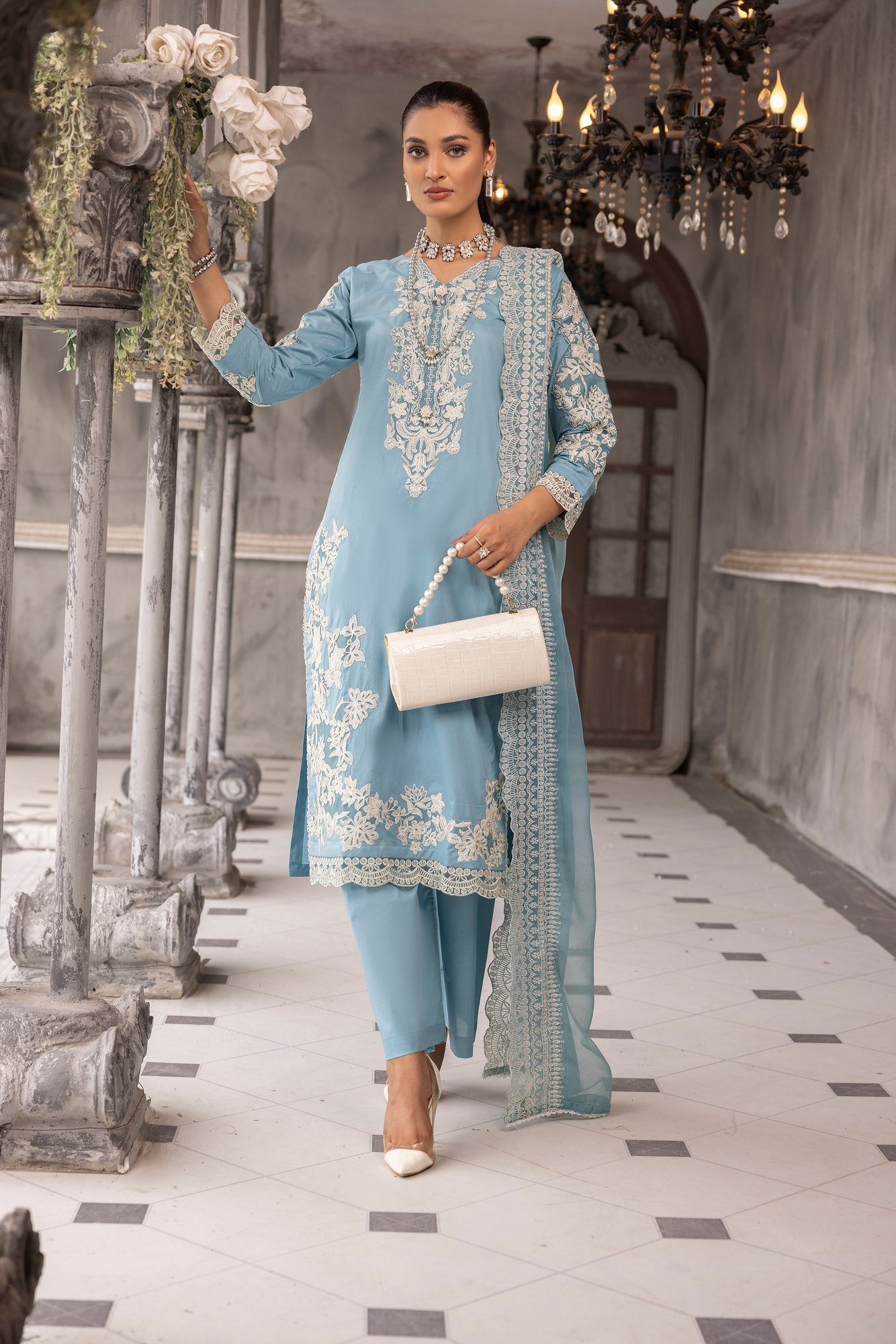 (Ice Blue) 3 piece embroidered cambric cotton dress-Simrans