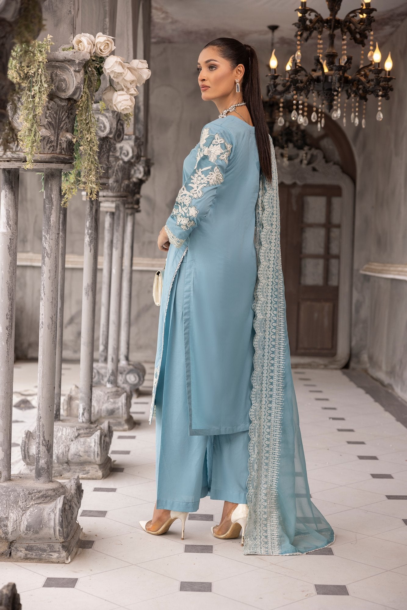 (Ice Blue) 3 piece embroidered cambric cotton dress-Simrans