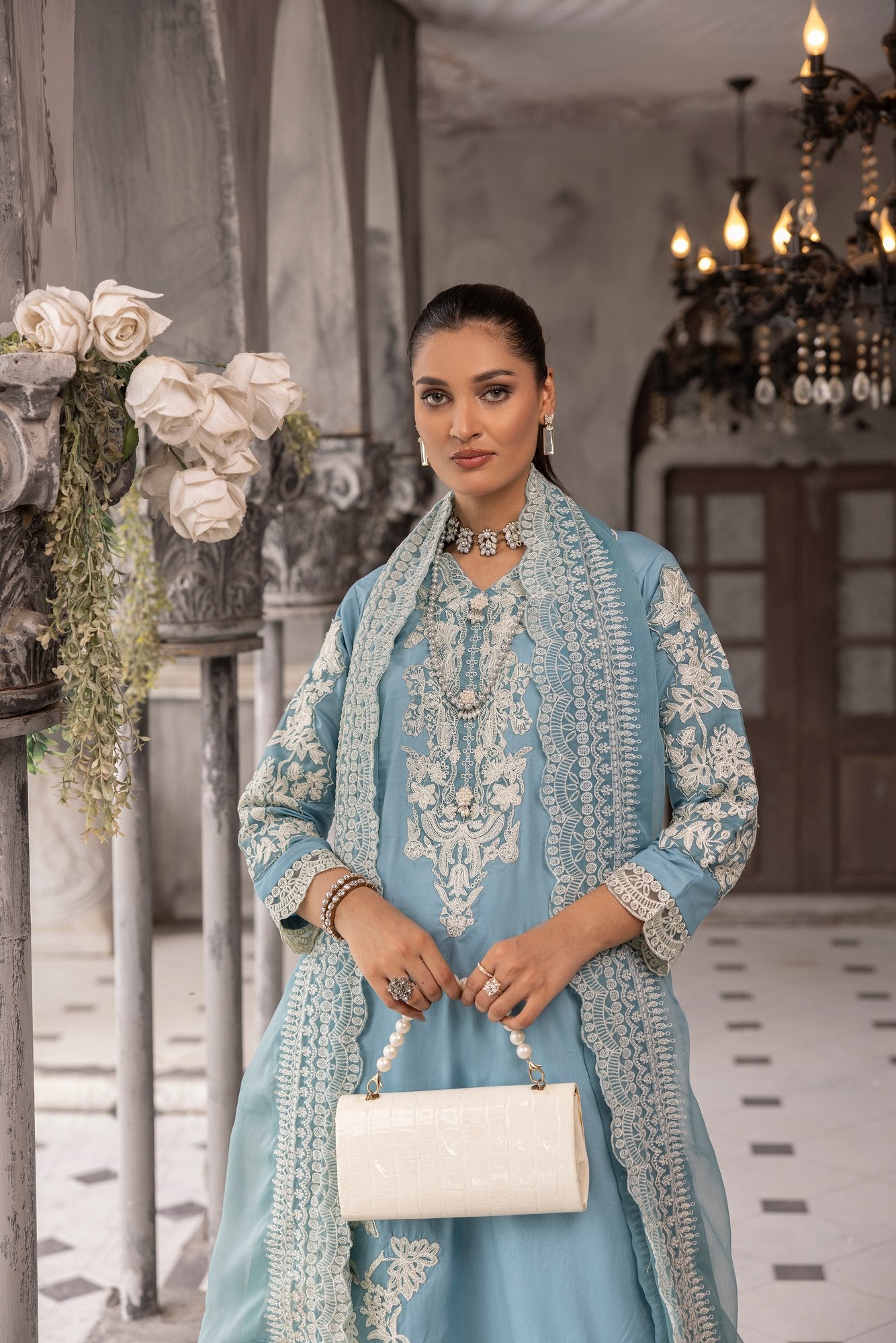 (Ice Blue) 3 piece embroidered cambric cotton dress-Simrans