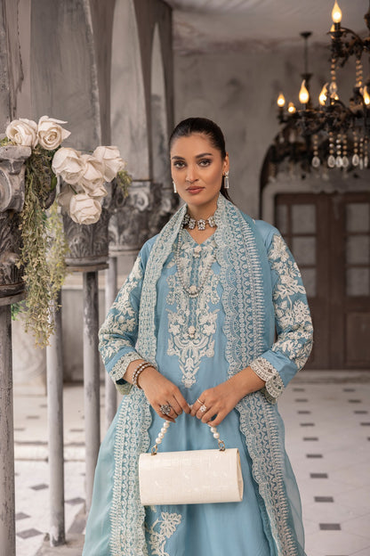 (Ice Blue) 3 piece embroidered cambric cotton dress-Simrans