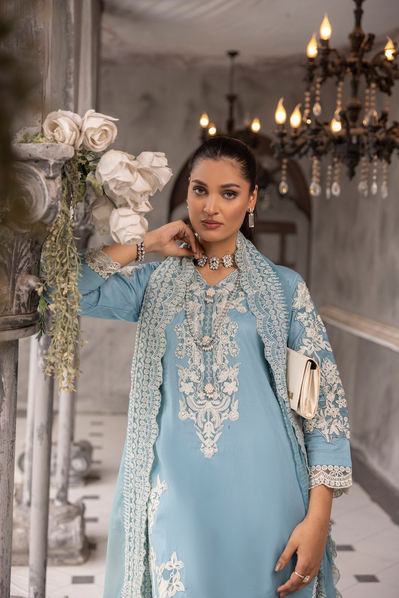 (Ice Blue) 3 piece embroidered cambric cotton dress-Simrans