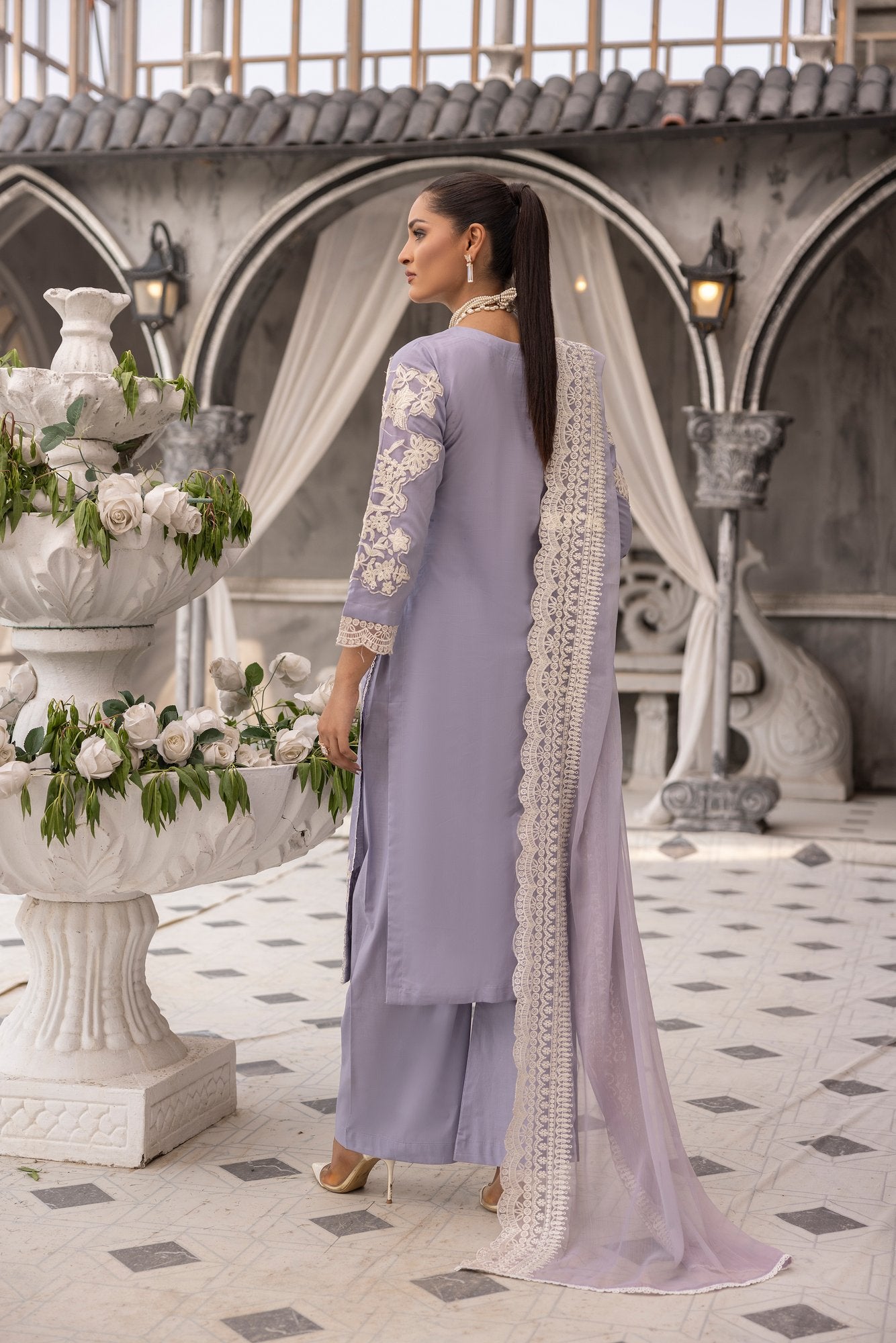 (Lilac) 3 piece embroidered cambric cotton dress-Simrans