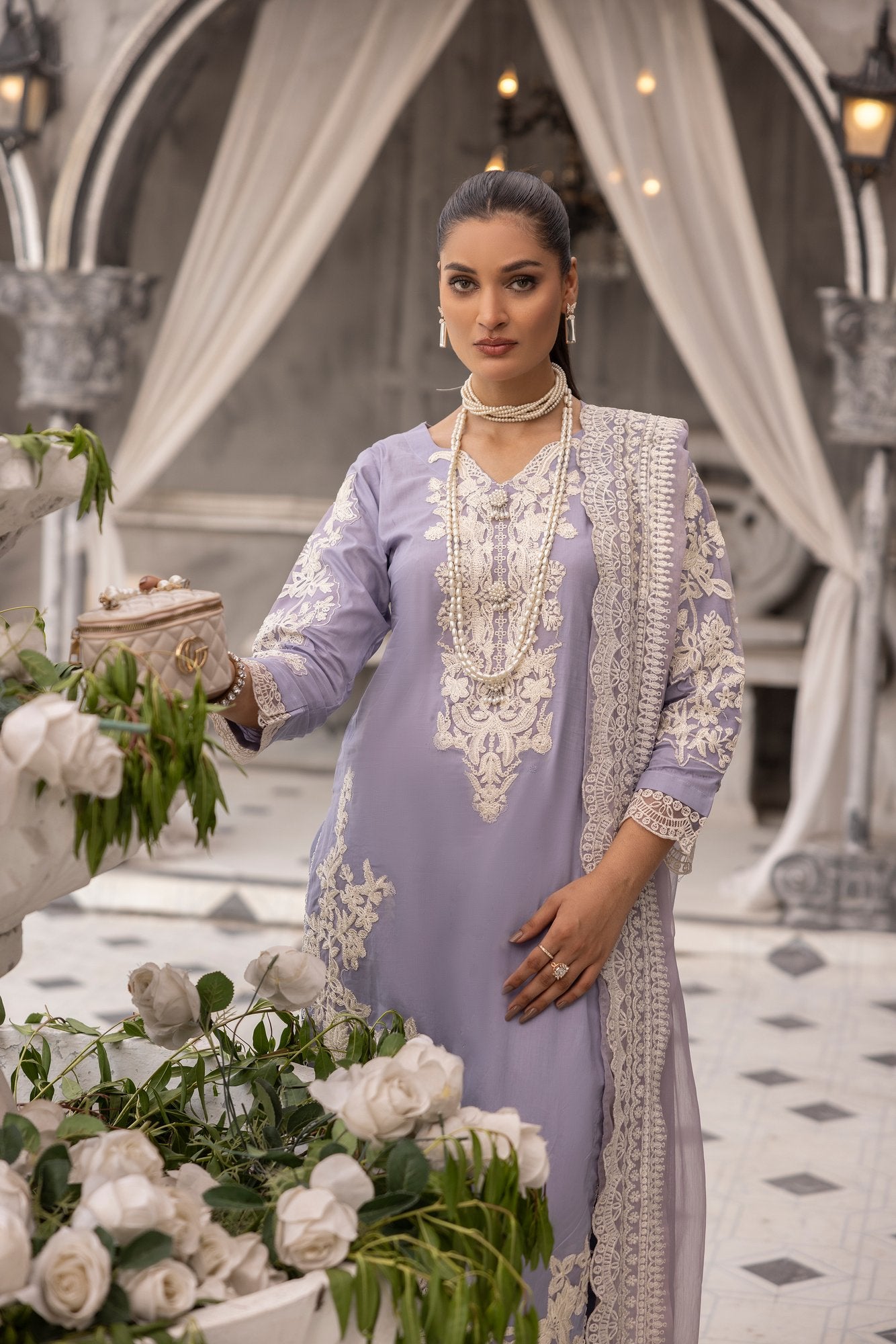 (Lilac) 3 piece embroidered cambric cotton dress-Simrans