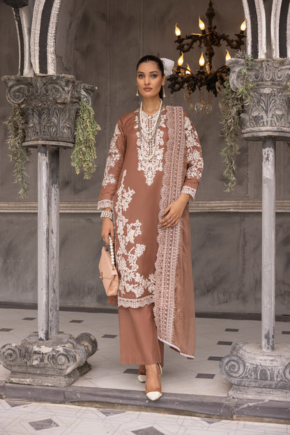 (Chestnut Brown) 3 piece embroidered cambric cotton dress-Simrans