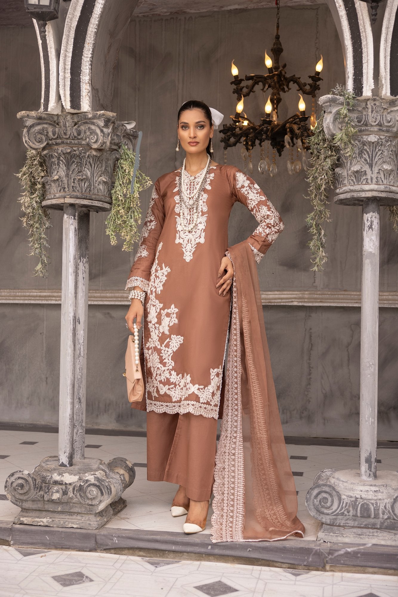 (Chestnut Brown) 3 piece embroidered cambric cotton dress-Simrans