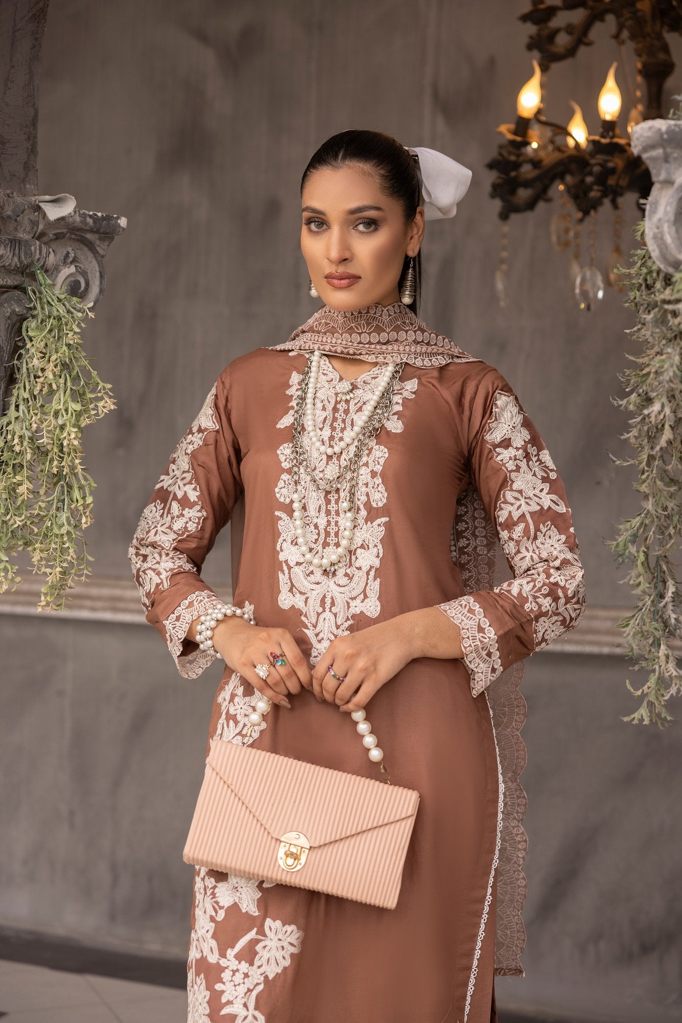 (Chestnut Brown) 3 piece embroidered cambric cotton dress-Simrans