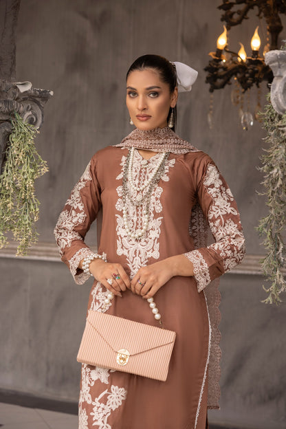 (Chestnut Brown) 3 piece embroidered cambric cotton dress-Simrans