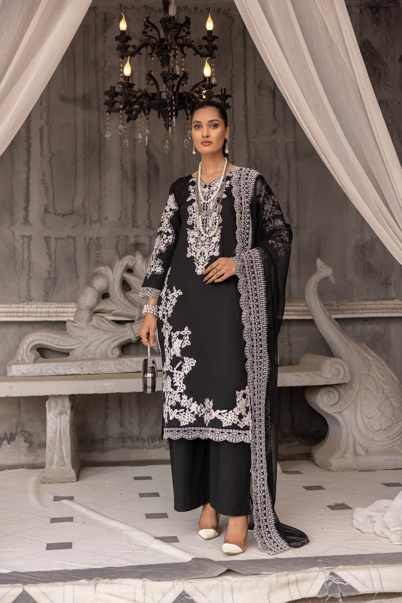 3 piece embroidered cambric cotton dress-Simrans