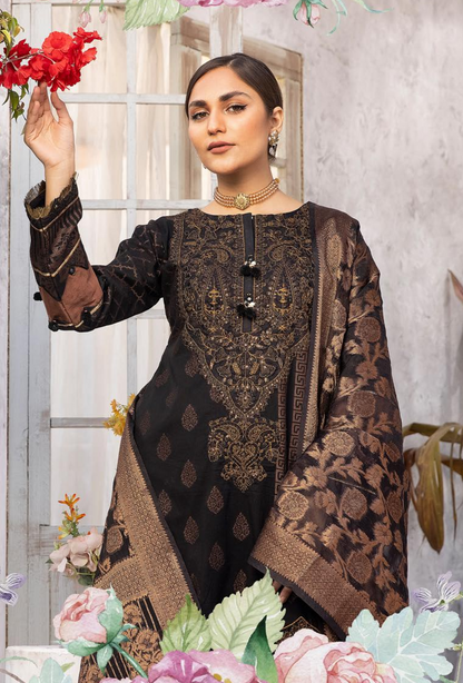 (Black) "Bella Festive" 3 Pc Embroidered Jacquard Dress by Simrans