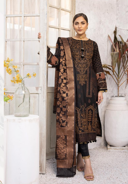 (Black) "Bella Festive" 3 Pc Embroidered Jacquard Dress by Simrans