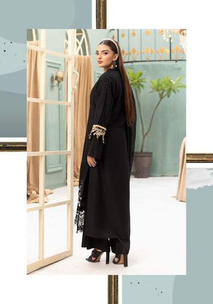 (Black) Embroidered Linen with Chiffon Duppatta - Simrans