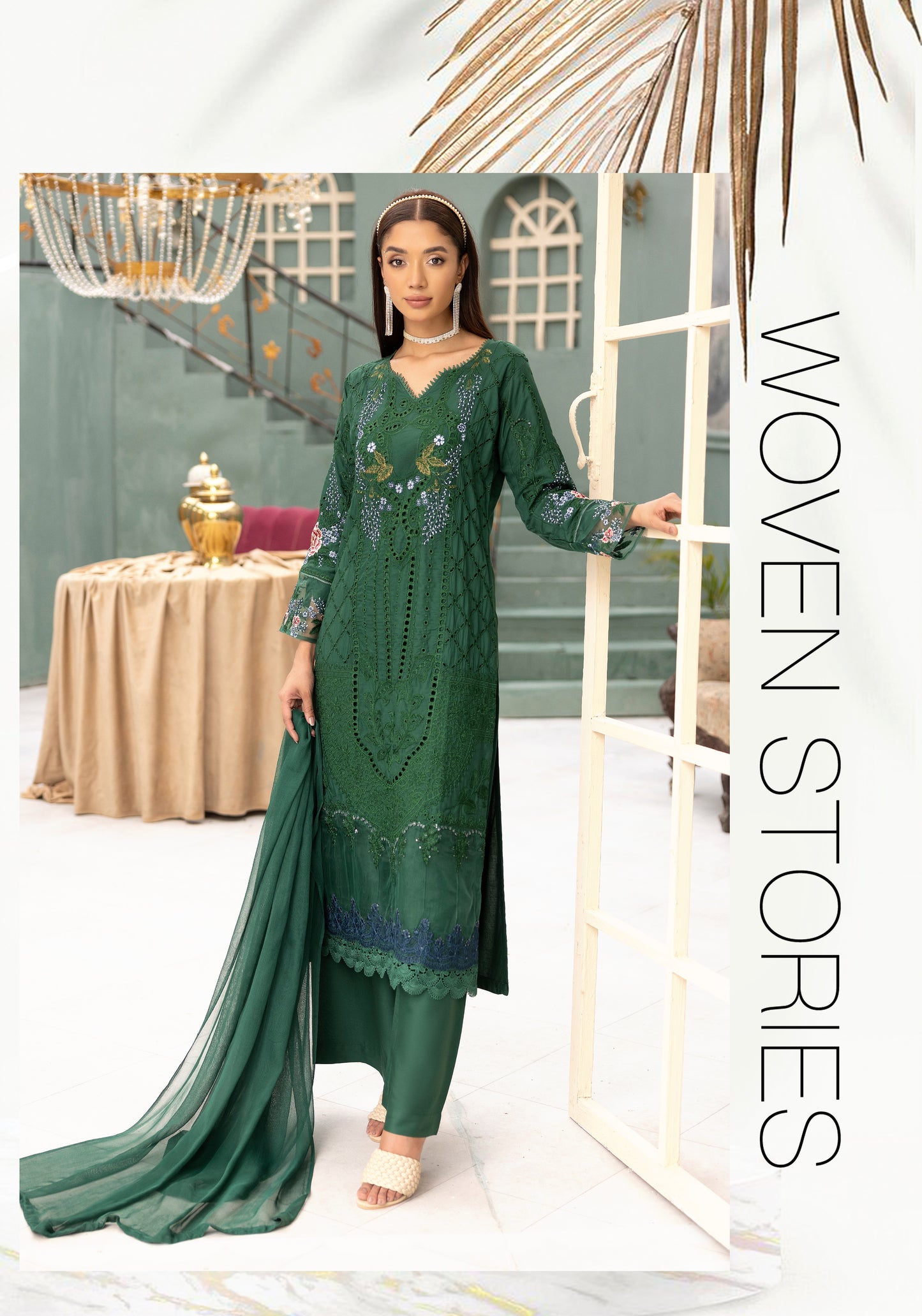 (Green) Embroidered Linen with Chiffon Duppatta - Simrans