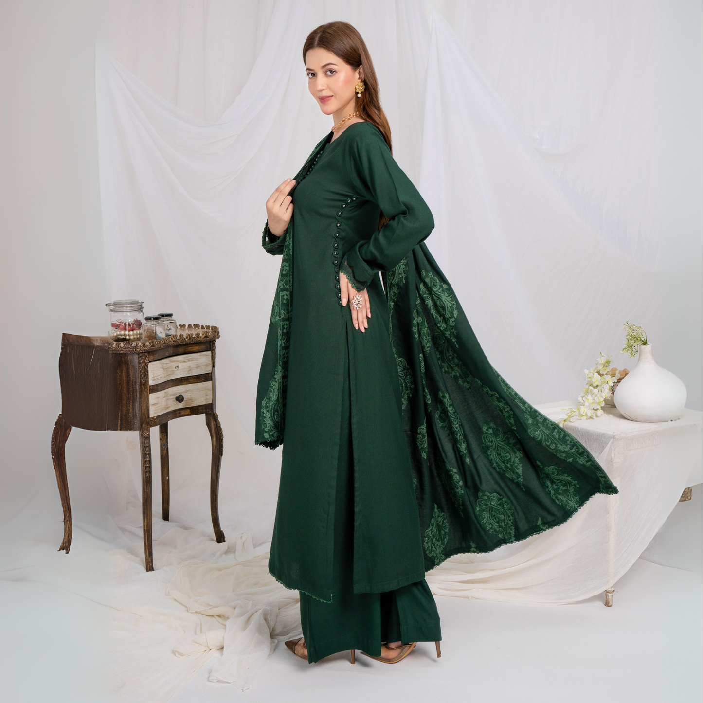 (green) 3 Pc Dhanak Shirt & trouser with Dhanak Shawl | Winter Collection | SIMRANS