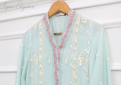 AZURE Light Teal 3 Pc Chiffon Embroidered Collection : Aqua Elegance