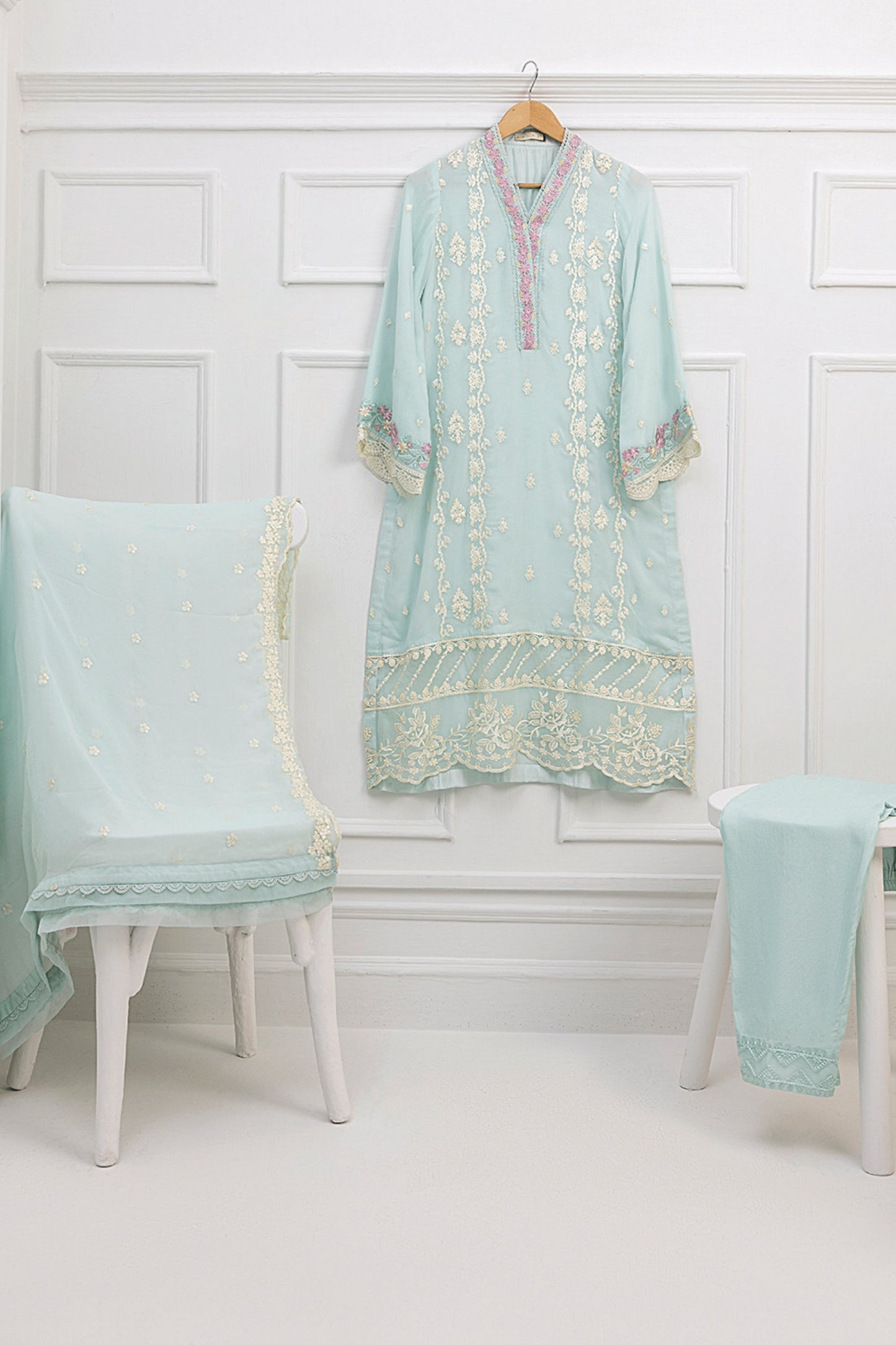 AZURE Light Teal 3 Pc Chiffon Embroidered Collection : Aqua Elegance