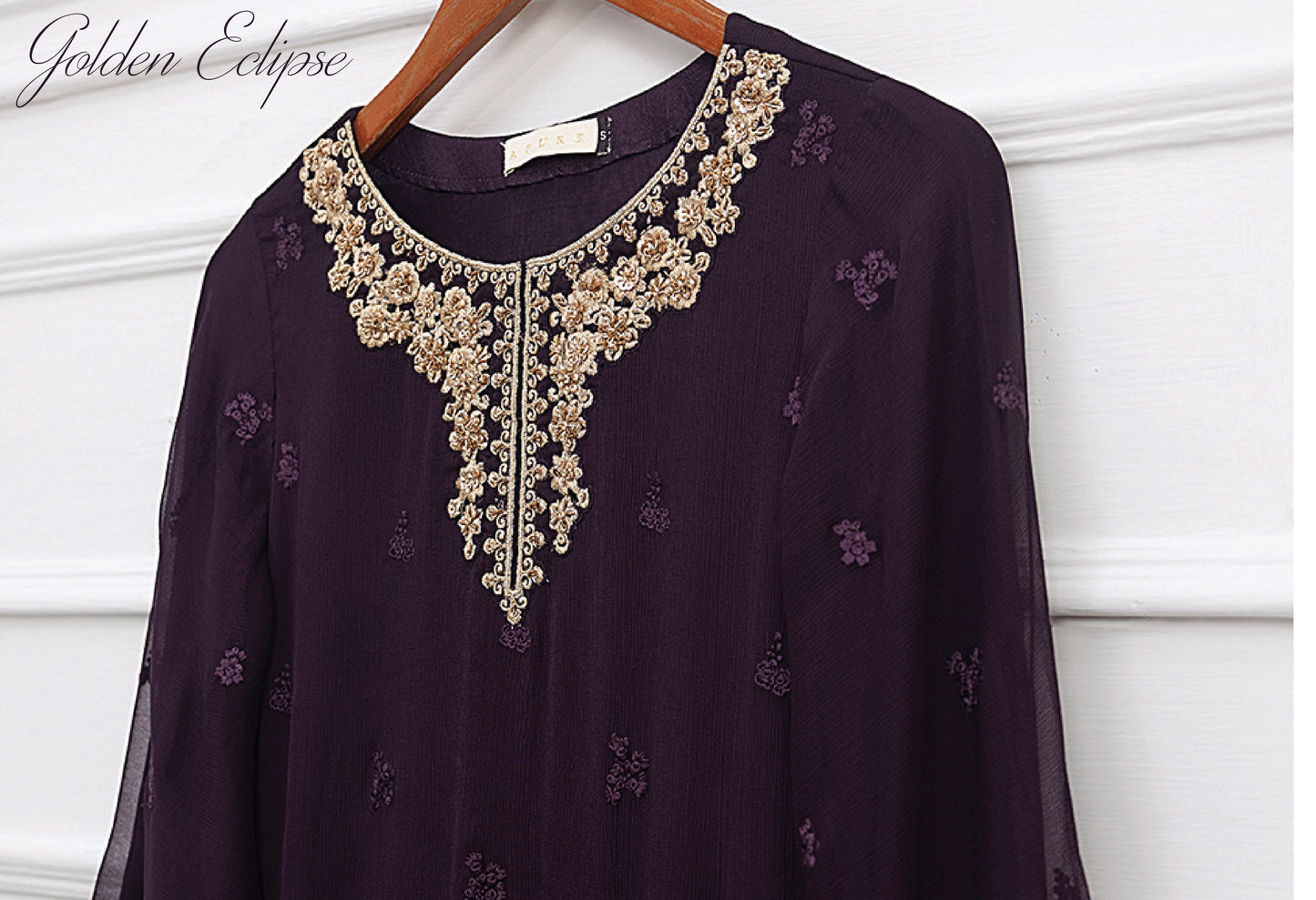 AZURE Purple 3 Pc Chiffon Embroidered Collection : Golden Eclipse