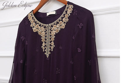 AZURE Purple 3 Pc Chiffon Embroidered Collection : Golden Eclipse