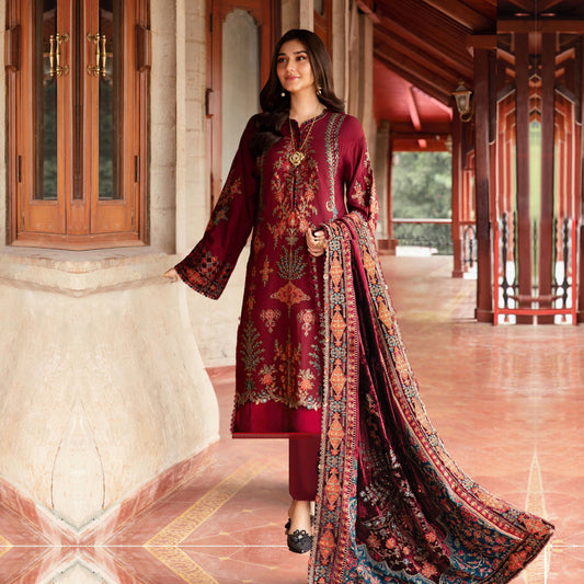 (Maroon) Embroidered Luxury Twill Linen Suit | 3 Pc | Winter Collection | MARIA.B