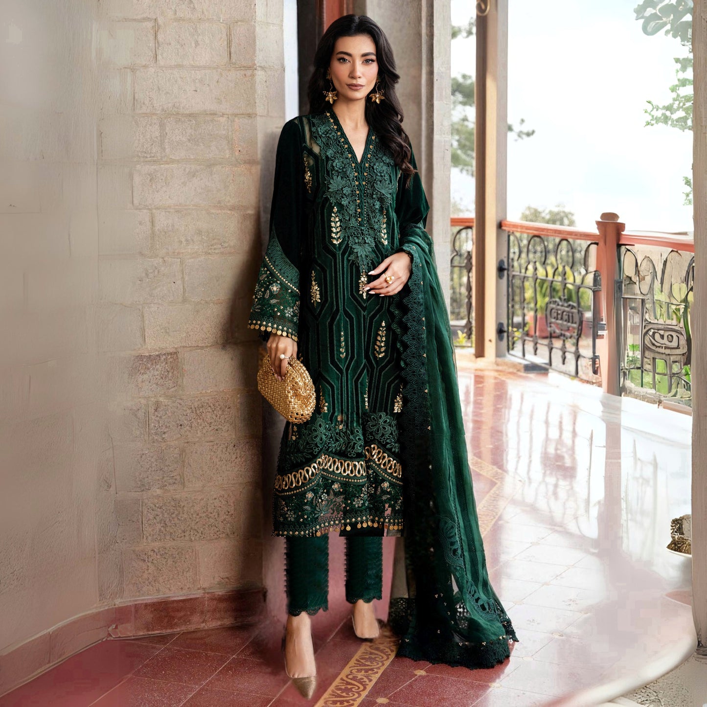 (Bottle Green) Embroidered Luxury Velvet Suit | 3 Pc | Winter Collection | MARIA.B