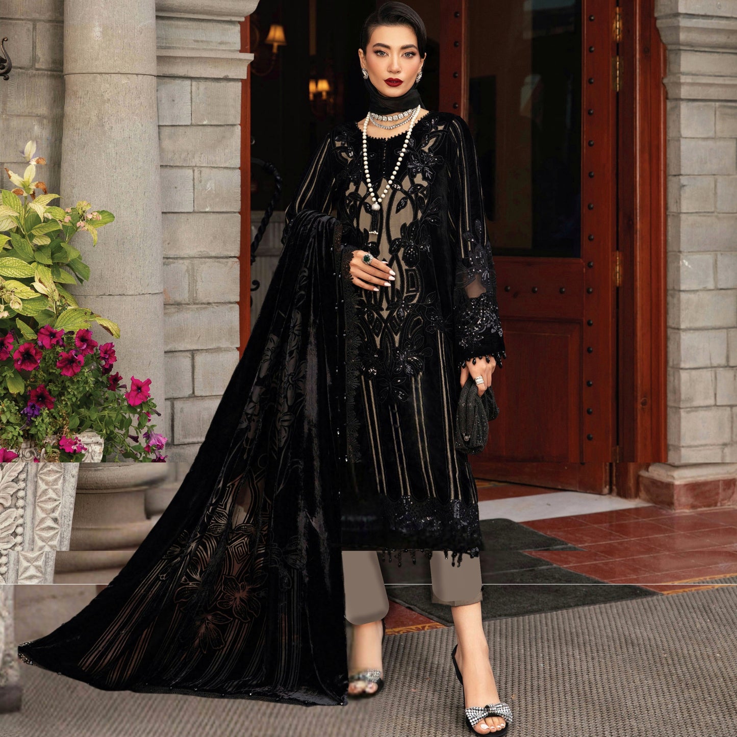 (Black & Beige) Embroidered Luxury Velvet | 3 Pc | Winter Collection | MARIA.B