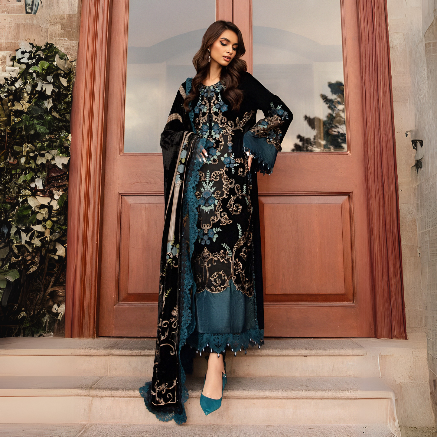 (Black & Teal) Embroidered Luxury Velvet Suit | 3 Pc | Winter Collection | MARIA.B