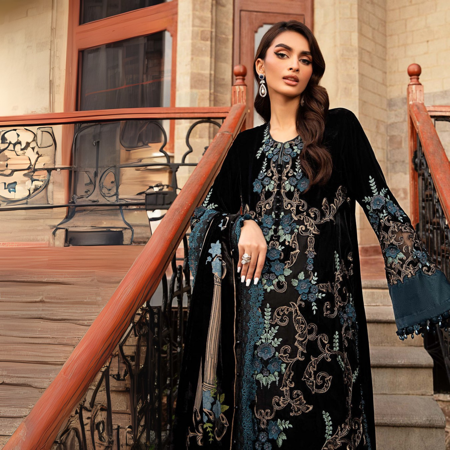 (Black & Teal) Embroidered Luxury Velvet Suit | 3 Pc | Winter Collection | MARIA.B