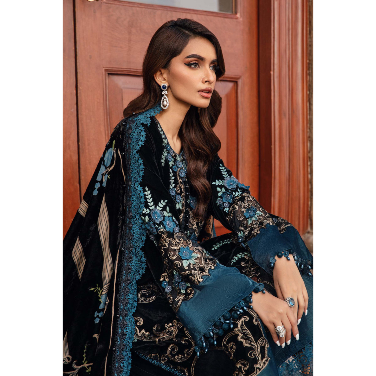 (Black & Teal) Embroidered Luxury Velvet Suit | 3 Pc | Winter Collection | MARIA.B