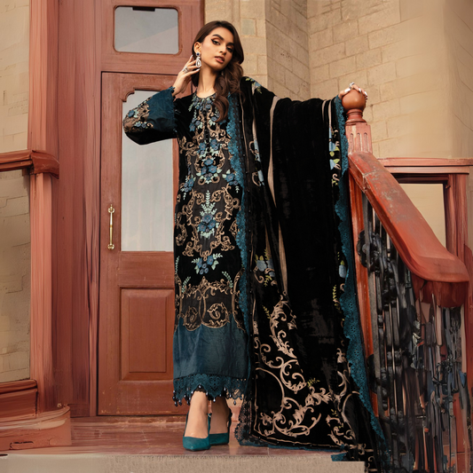 (Black & Teal) Embroidered Luxury Velvet Suit | 3 Pc | Winter Collection | MARIA.B