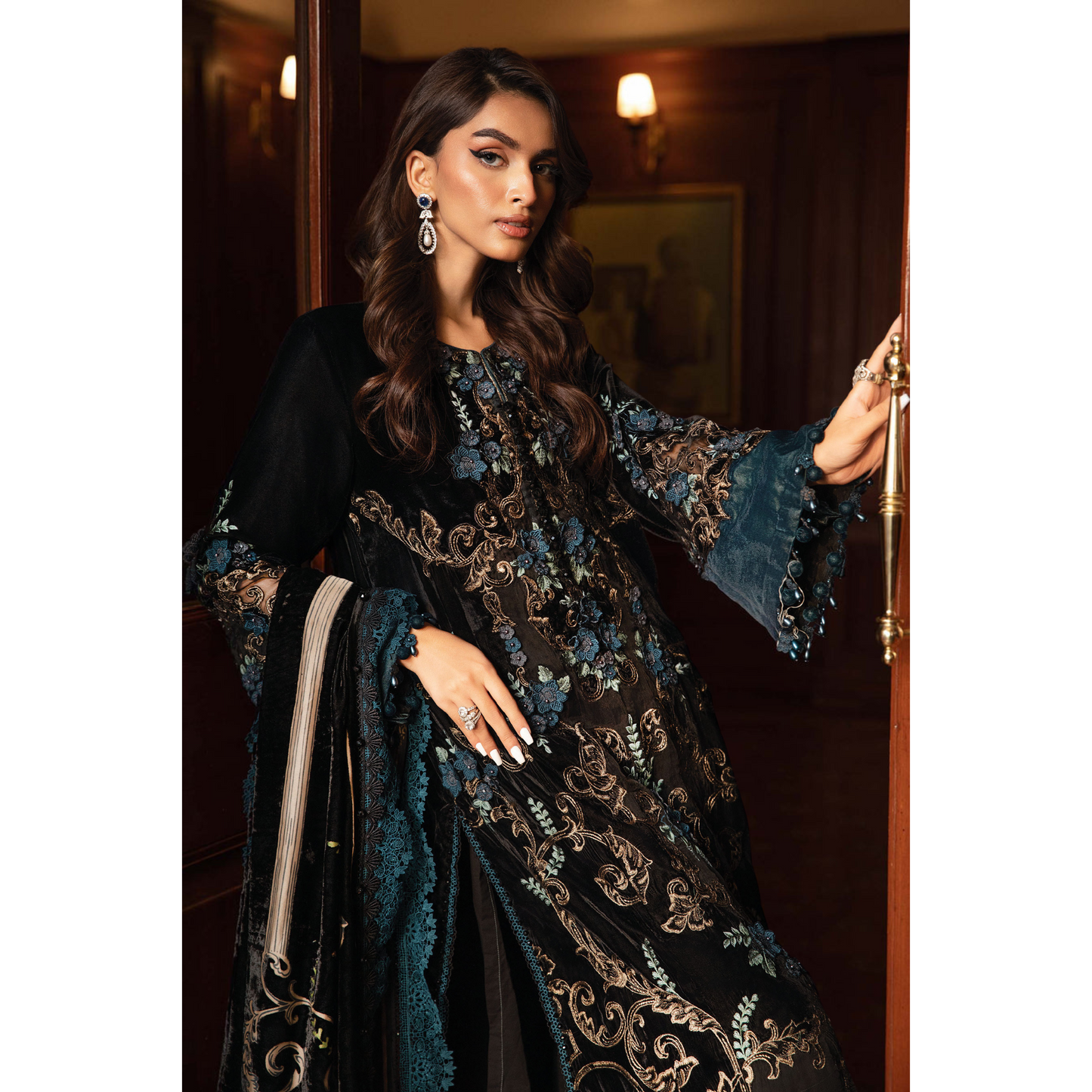 (Black & Teal) Embroidered Luxury Velvet Suit | 3 Pc | Winter Collection | MARIA.B