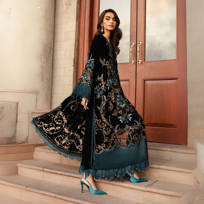 (Black & Teal) Embroidered Luxury Velvet Suit | 3 Pc | Winter Collection | MARIA.B