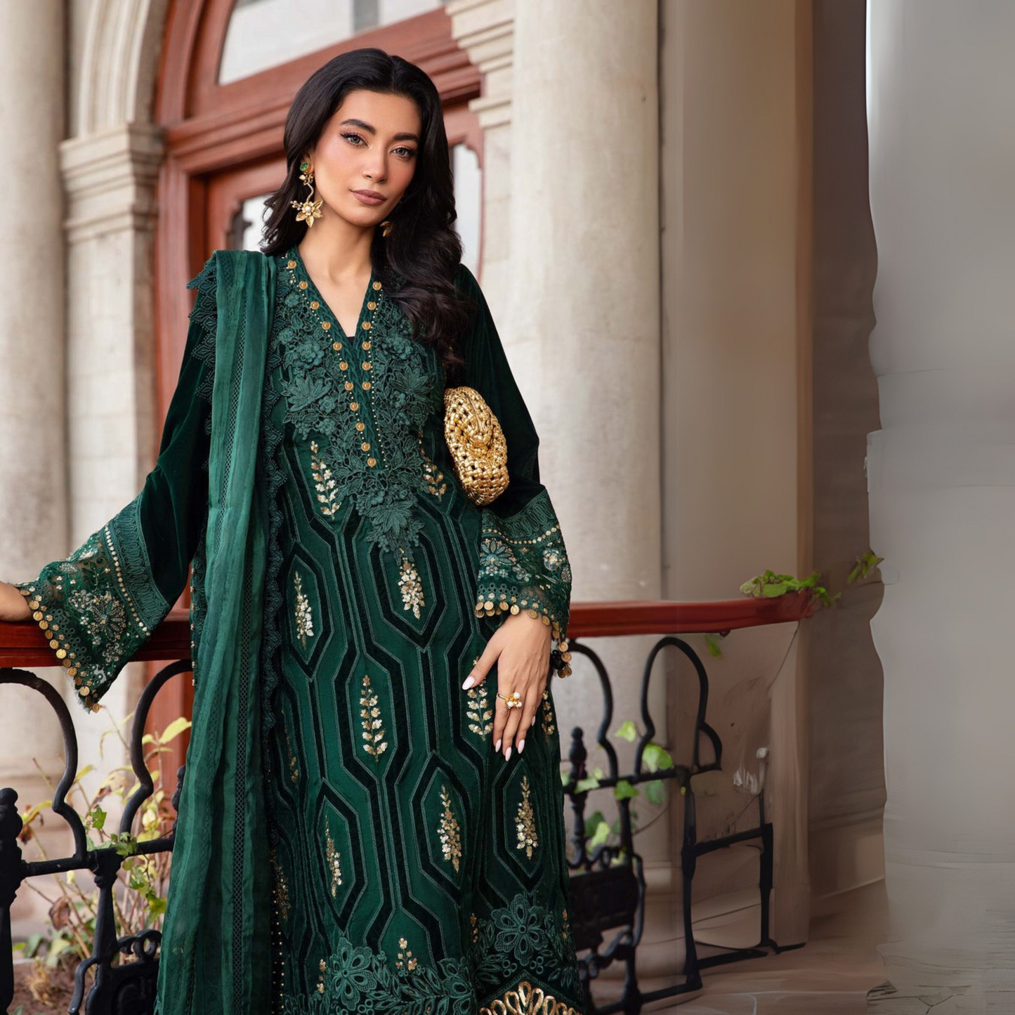 (Bottle Green) Embroidered Luxury Velvet Suit | 3 Pc | Winter Collection | MARIA.B