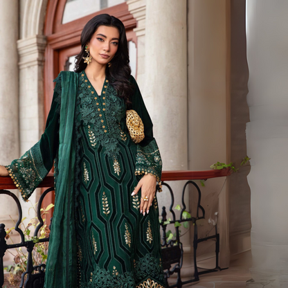 (Bottle Green) Embroidered Luxury Velvet Suit | 3 Pc | Winter Collection | MARIA.B