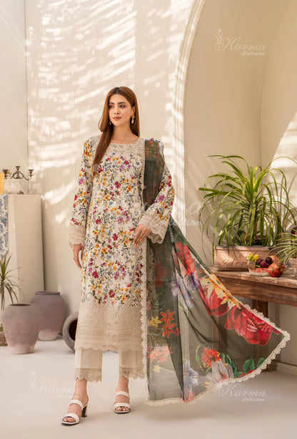 Multi floral Print  Chikenkari Cotton Lawn 3 Pc - Karma Collection