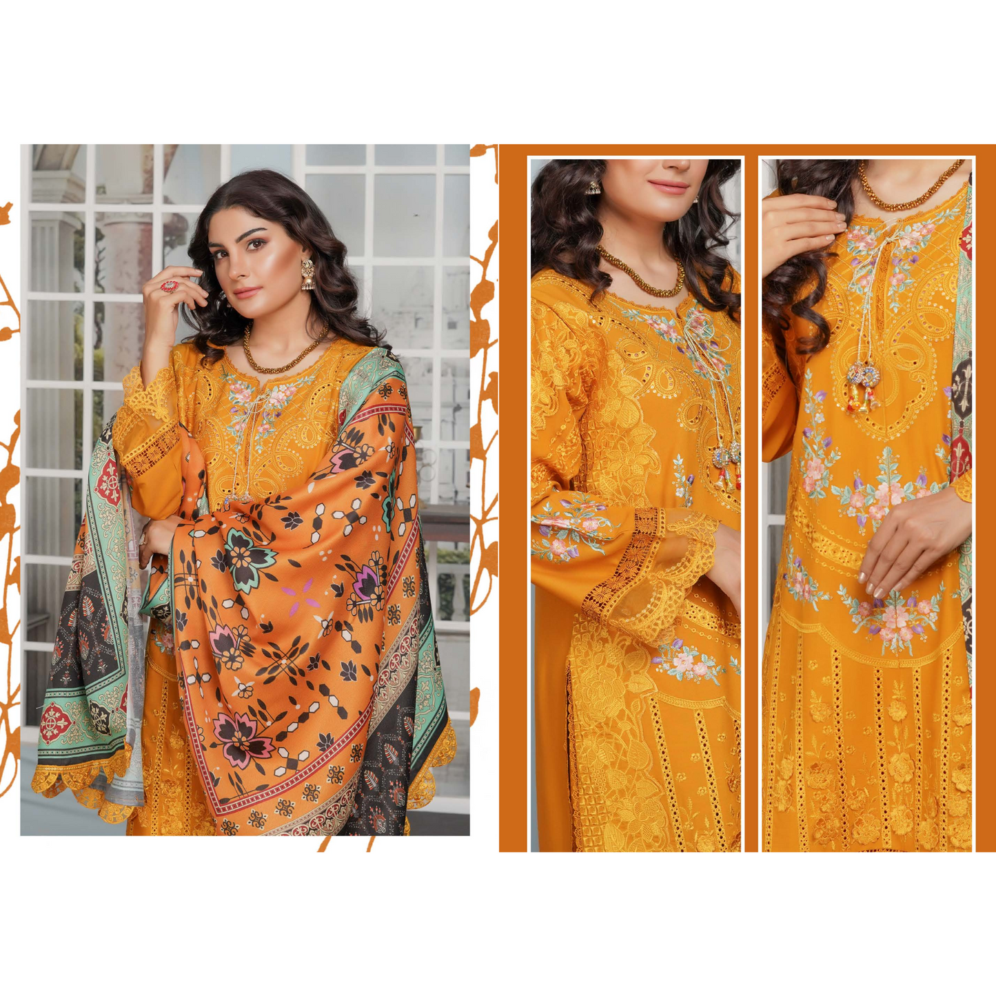 (TURMERIC) Heavy Embroidered Dhanak Ready to Wear Dress - MUNIRA