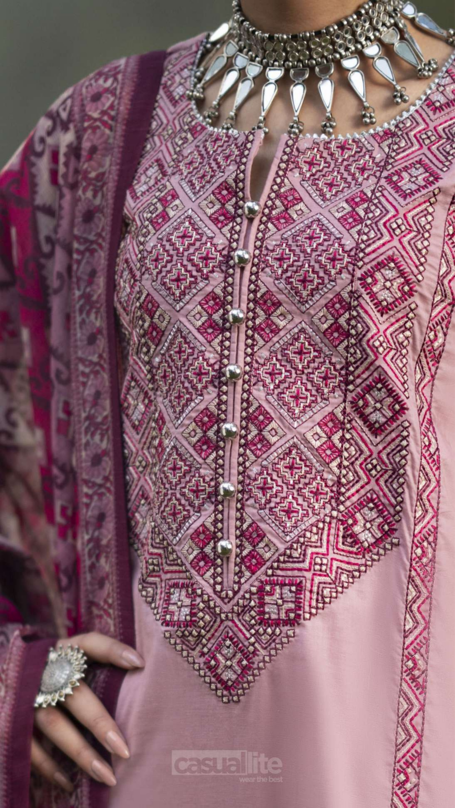 Pink | Embroidered Linen | 3 Pc | Ready to Wear | Casuallite