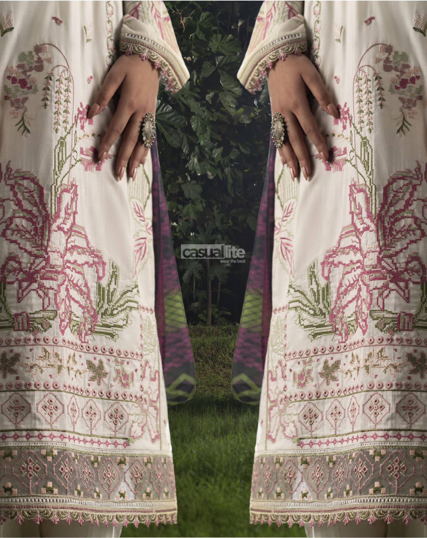 (Cream) Embroidered Linen 3 Pc Ready to Wear by Casuallite